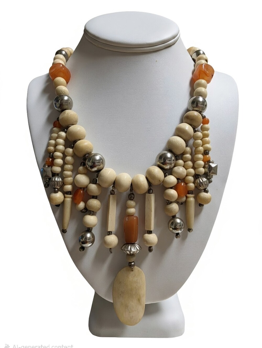 Vintage Carved Bone & Carnelian Agate Tribal Fringe Statement Necklace, Boho Bib